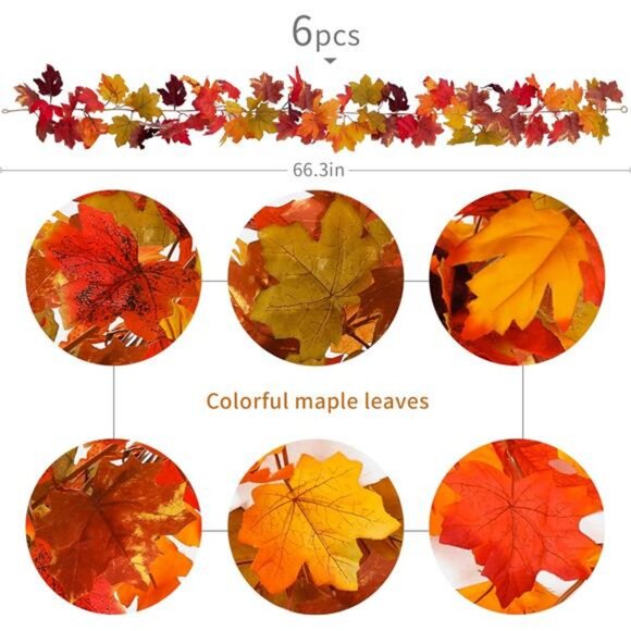 6PCS Fall Maple Leaves Garland, Party Joy 5.6Ft Artificial Maple Leaf Autumn - Picture 3 of 7